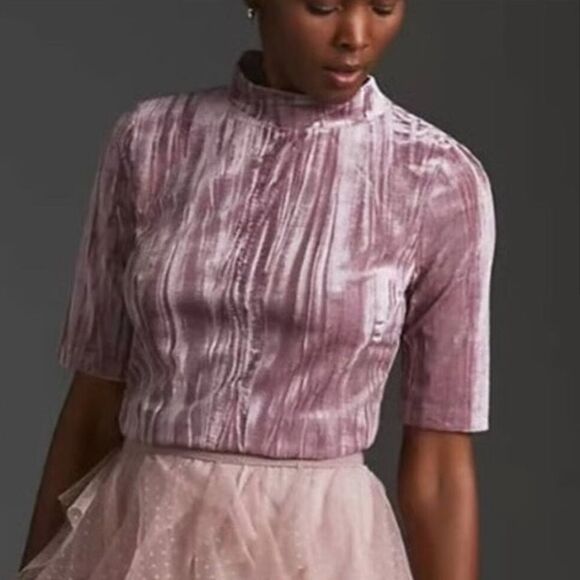 ANTHROPOLOGIE PILCRO Crushed Velvet Pink Rose Mock Neck Short-Sleeve Top Size M - Picture 1 of 10